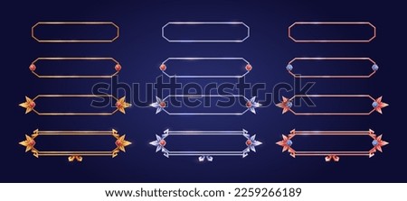 Empty rectangle frames in medieval style for game ui design. Vector cartoon set of user interface elements with golden bronze silver ornate flourish border, decorated with gems, isolated on background