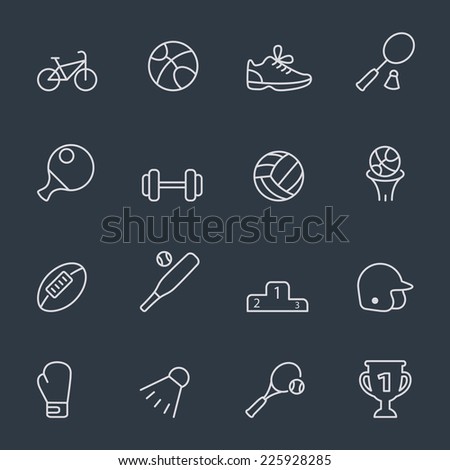 Sport icons, thin line design, dark background