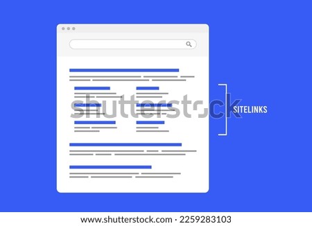 Sitelinks - search engine feature providing quick navigation to specific parts of website. SEO optimizing sitelinks can improve websites ranking on the search engine result page - SERP Royalty-Free Stock Photo #2259283103