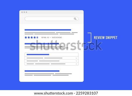Review snippets - search engine feature with yellow star rating based on review for website in serp - search engine results page with review snippet section Royalty-Free Stock Photo #2259283107