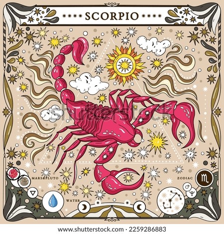 Scorpio sign of the zodiac. Modern magical astrological map. Magical girl, stars, moon, constellation, hand-drawn signs. Vector illustration Royalty-Free Stock Photo #2259286883