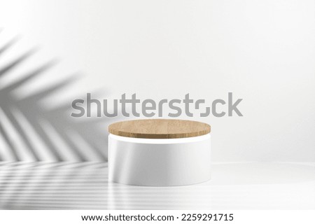 Minimal wood Podium on coconut leaf shadow on white wall background for Exhibition Grand opening and put product on space for marketing online