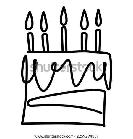 Hand-drawn birthday cake with black lines. Draw a doodle-style cake and candles.