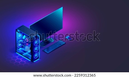 Gaming PC computer glowing in dark. Isometric illustration of modern computer case, monitor, keyboard, on desktop. Stationary video games PC. Neon lights of electronic parts of system box computer. Royalty-Free Stock Photo #2259312365