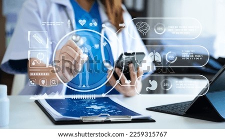 medical technology concept,smart doctor hand working with modern laptop computer with his team virtual icon 