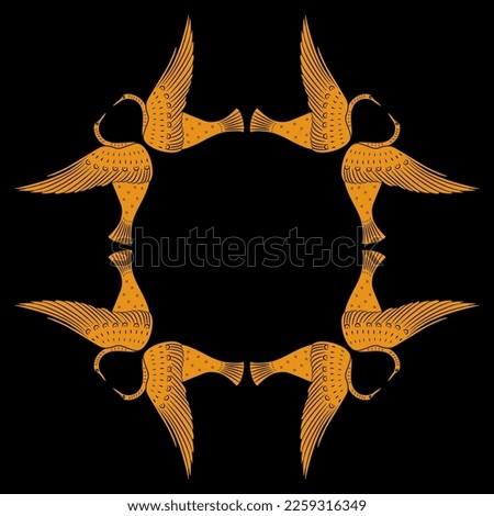 Geometrical frame or mandala with flying birds. Swan or dove. Ancient Greek ethnic vase painting style. Orange silhouettes on black background.