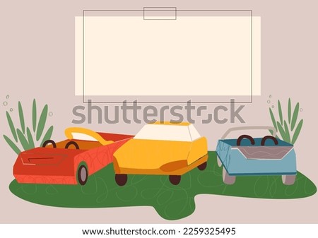 Drive-in cinema. Outdoor car theater in cartoon style. Vector