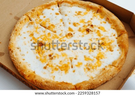 Fresh cheese pizza in carton box, food delivery.