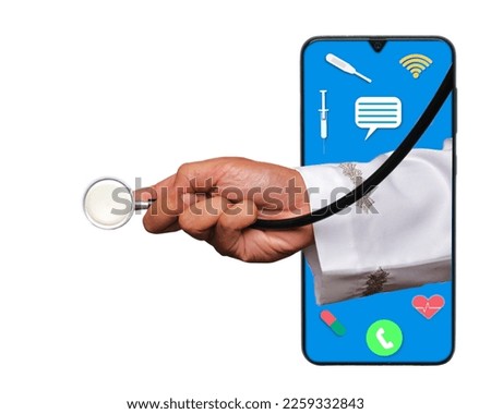 A picture of doctor hand holding stethoscope with symbol appear from smartphone on white background. Online doctor advice and consultation.