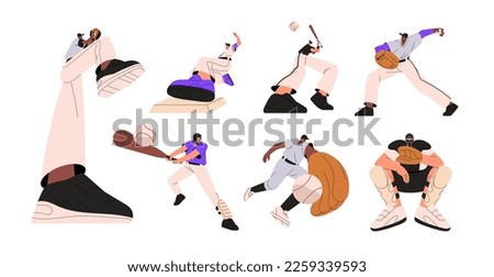 Baseball players playing sport game set. Catchers, batters athletes throwing, catching, pitching and hitting ball with bats, gloves. Flat graphic vector illustrations isolated on white background