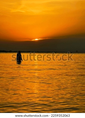 Girl in silhouette taking a bath at sunset in the sea. High quality photo