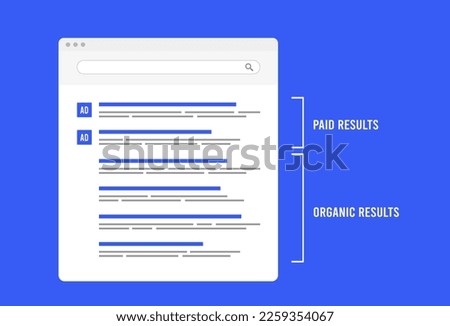 Paid and Organic Search Results concept. SEO optimization for Serp - search engine results pages vector illustration Royalty-Free Stock Photo #2259354067