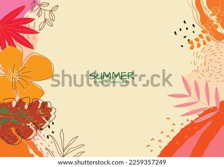 Tropical summer doodle  with space for text vector illustration. Colorful abstract design background for poster, banner,cover, card with tropical leaves.