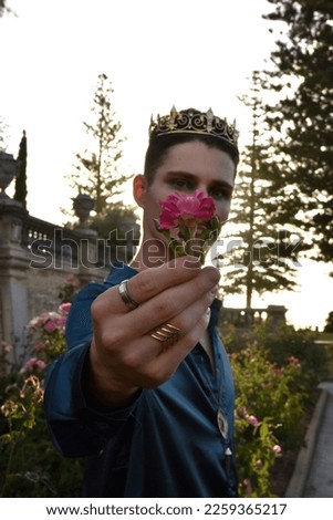 portrait of handsome brunette man wearing fantasy medieval prince costume, romantic silk shirt  royal  golden crown, posing in  castle location  rose garden with dreamy golden  silhouette lighting