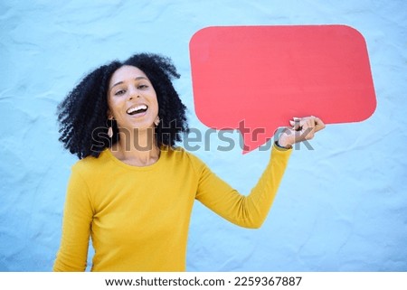 Portrait, speech bubble and black woman in studio for advertising, mockup and space on blue background. Face, girl and billboard, branding and paper for product placement, marketing and copy space