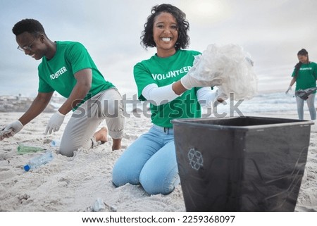 Teamwork, cleaning and volunteer with people on beach for sustainability, environment and eco friendly. Climate change, earth day and nature with friends and plastic for help, energy and pollution Royalty-Free Stock Photo #2259368097
