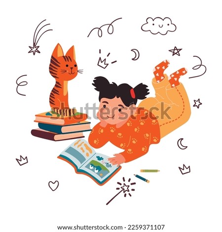 Happy child reads a book with kitten.Little girl with storybook, cat, stack of books  and doodle elements.Cartoon and graphic clip art set.Readers concept.Vector flat illustration on white background.