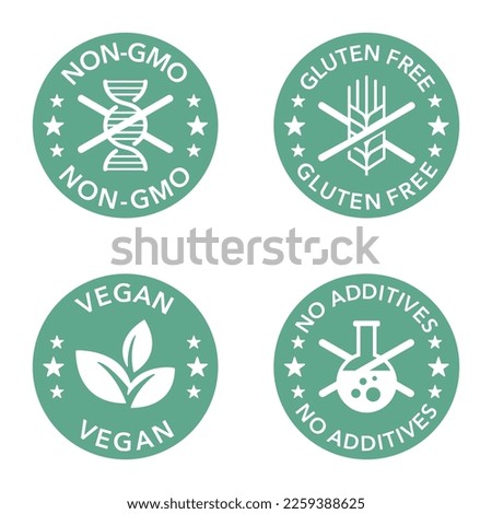 Vegan, Non-GMO, Gluten free and no additives - set of flat pictograms for food packaging. Decoration for healthy natural organic nutrition