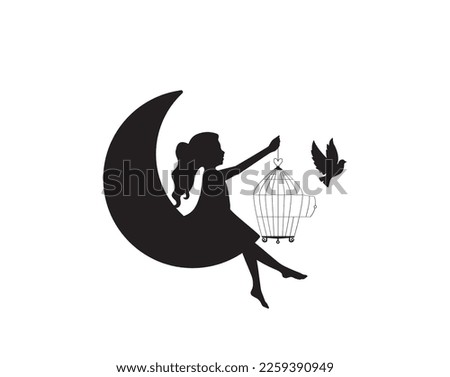 Girl holding open bird cage and flying bird silhouette, vector. Girl silhouette on a moon. Wall decals isolated on white background, art design, artwork. Black and white art design