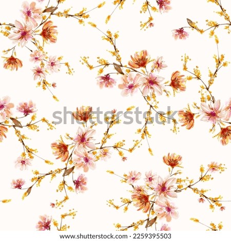 Garden Watercolor Floral Seamles Pattern, Hand painted Watercolor, Wildflowers, Twigs, Leaves, Buds. Design for fashion , fabric, textile, wallpaper, cover, web , wrapping and all prints  Royalty-Free Stock Photo #2259395503