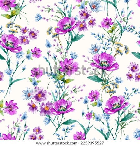 Garden Watercolor Floral Seamles Pattern, Hand painted Watercolor, Wildflowers, Twigs, Leaves, Buds. Design for fashion , fabric, textile, wallpaper, cover, web , wrapping and all prints  Royalty-Free Stock Photo #2259395527