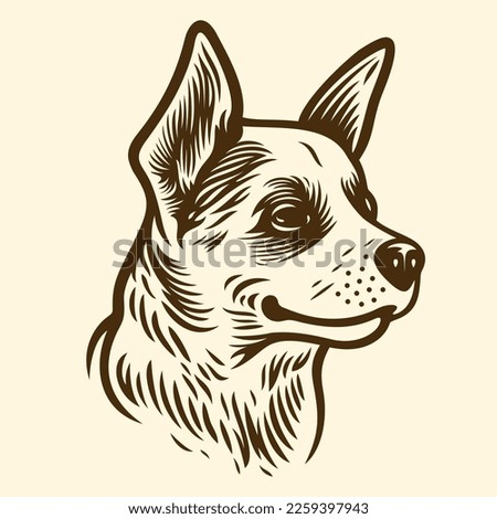 Engraved vector illustration of dog head. Design template for logo, badge, label, poster, print and other uses.