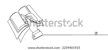 Modern one line vector illustration. The hand is writing a book. Writer's Day. The process of writing a book. Vector illustration Royalty-Free Stock Photo #2259401925