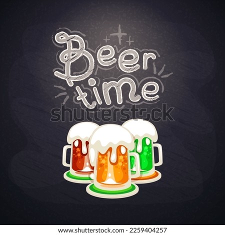 Hand Drawn Chalkboard Beer Time Lettering on Blackboard Background with Mugs. Vector clip art.