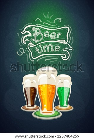 Three Glasses of Beer on the Background with a Chalk Beer Time Lettering. Vector clip art.
