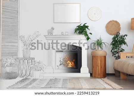 From idea to realization. Cozy living room interior with fireplace and houseplants. Collage of photo and sketch