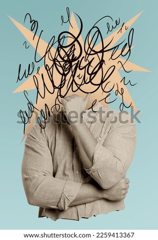 Creative artwork. Overflowing with ideas and thoughts. Man with explosion and doodles instead of head on light blue background