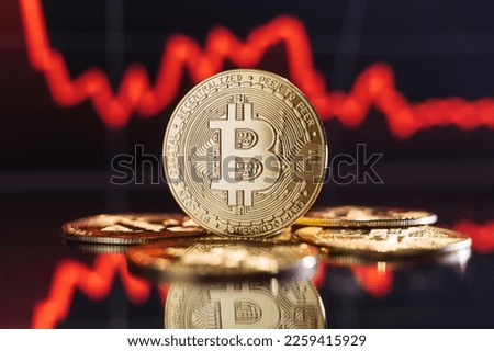 Global recession. Financial crisis. Image of golden bitcoin rising among piles of other crypto coins on digital background of chart with sole thick red line representing crash of crypto trading market Royalty-Free Stock Photo #2259415929
