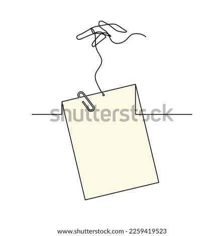 Abstract color paper with paper clip and hand as line drawing on white as background