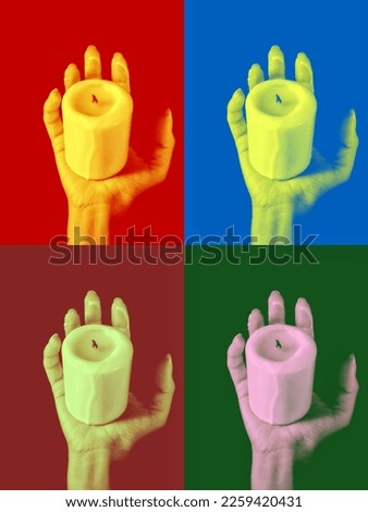 Creative collage with candle in woman hand. Wax candle in candlestick. Person holding candle.