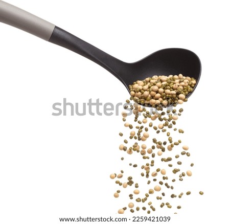 Mix green mung soy beans fall down explosion, several kind bean float pouring in ladle. Dried soybean green mung mixed beans splash throwing in Air. White background Isolated high speed shutter freeze