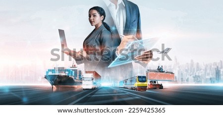 Business and technology digital future of cargo containers logistics transportation import export concept, Engineer using laptop online tracking control delivery distribution on world map background Royalty-Free Stock Photo #2259425365