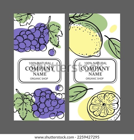 GRAPE LEMON LABELS Design Of Stickers For Shop Of Tropical Organic Natural Fresh Juicy Fruits And Dessert Drinks In Sketch Style Vector Illustration Set