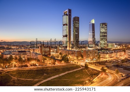 Madrid, Spain financial district skyline at twilight.
