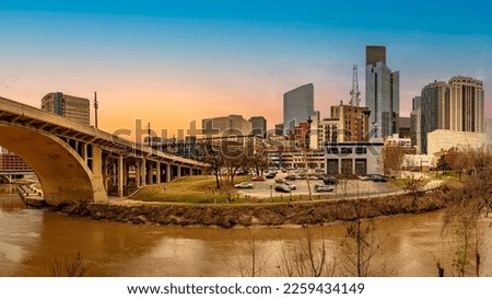 Houston Texas Downtown City Twilight Skyline at the Confluence Point of Buffalo and White Oak Bayou under the Main Street Viaduct