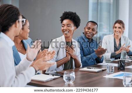 Black woman, success or applause of business people in a meeting for winner of sales target or goals. Support, thank you or happy African worker with pride or smile after job promotion or achievement Royalty-Free Stock Photo #2259436177