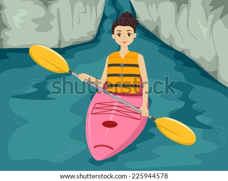 Illustration Featuring a Girl Maneuvering a Kayak