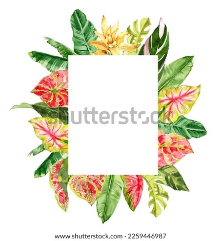 Watercolor hand drawn rainforest tropical flowers and leaves bouquet square frame template. Botanical illustration card isolated on white background. Hand painted watercolor floral clip art