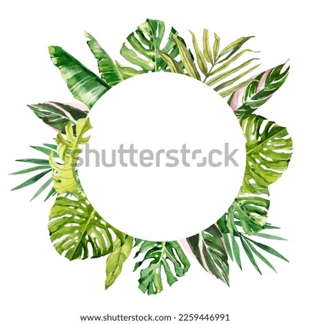 Watercolor hand drawn rainforest tropical leaves bouquet circle frame template. Botanical illustration card isolated on white background. Hand painted watercolor floral clip art