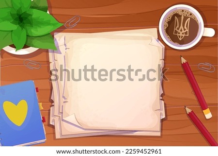Ukrainian workplace with stationary, cup with coffee, notebook, paper notes top view on wooden desk, table in cartoon style.