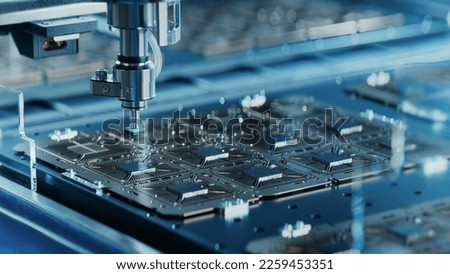 Silicon Dies are being Attached to Substrate by Pick and Place Machine on Semiconductor Factory. Computer Chip Manufacturing at Fab. Packaging Process.