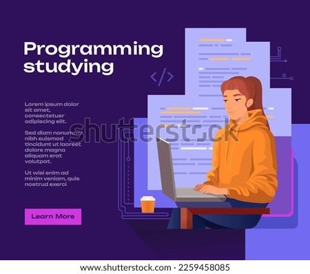 a woma studying programming course banner advertisement flat vector design cartoon character, education, coding, abstract, web, engineering, developer, development, software, coding, create code, blue