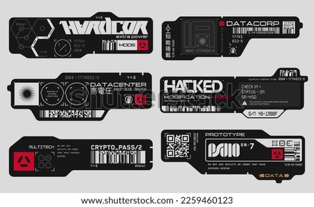 Cyberpunk decals set. Set of vector stickers and labels in futuristic style. Inscriptions and symbols, Japanese hieroglyphs for  AI powered, high voltage, warning. Royalty-Free Stock Photo #2259460123