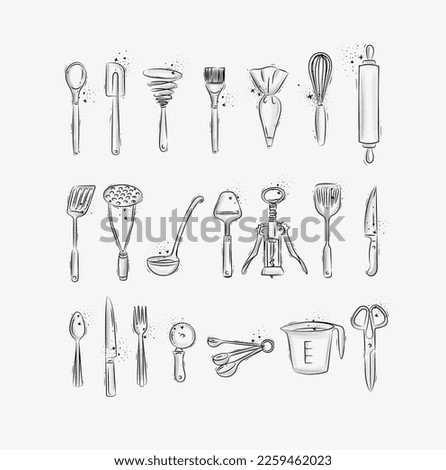 Kitchen utensils to prepare food and bakery drawing in graphic style on grey background