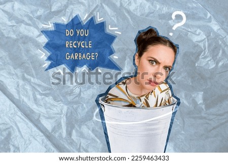 Photo cartoon comics sketch collage picture of suspicious lady asking you about recycling garbage isolated drawing background