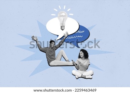 Exclusive magazine picture sketch collage image of excited smiling friends having great idea isolated painting background